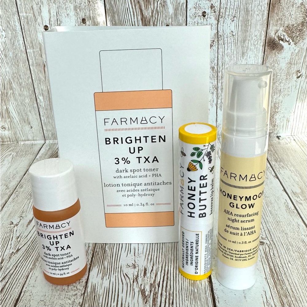 Farmacy Honeymoon Glow Night Serum, Honey Butter Beeswax Lip Balm & Brighten Up